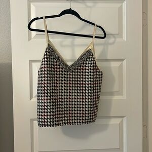 Zara Basic cream red black Houndstooth Faux Suede Camisole Tank Top L preppy